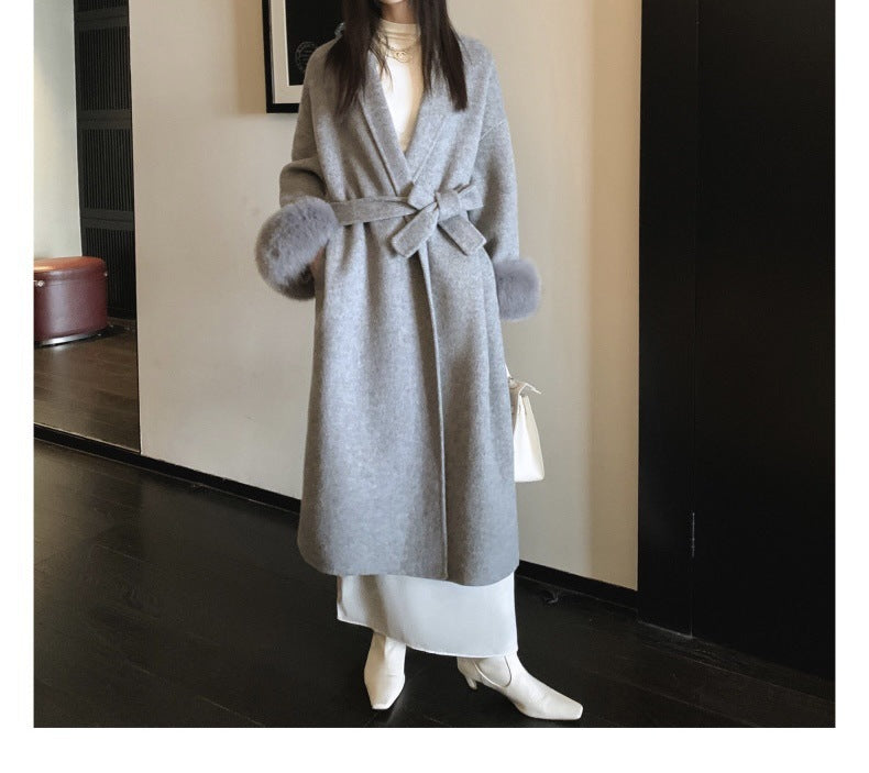 Elegant Double-Sided Cashmere Coat - Detachable Fox Fur Cuff Cuff Detachable Fox Fur Elegant Double-s | Ectron Online