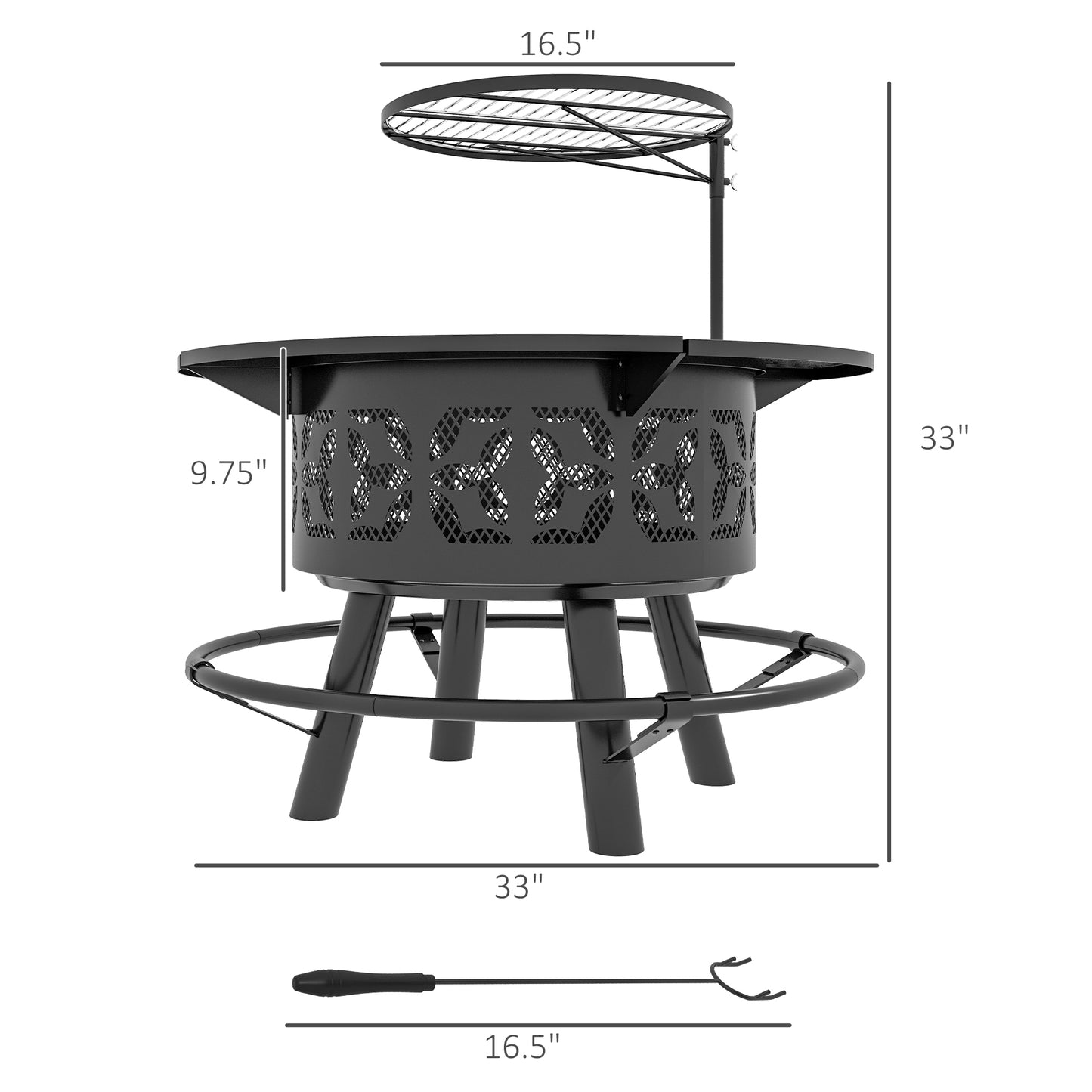 Black 33-inch wood fire pit with perforated fire bowl, three legs, and mesh top