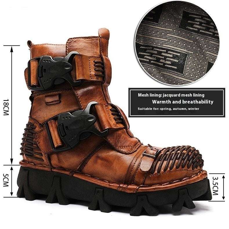 Brown lace-up work boot with mesh lining and side straps; thick tread sole