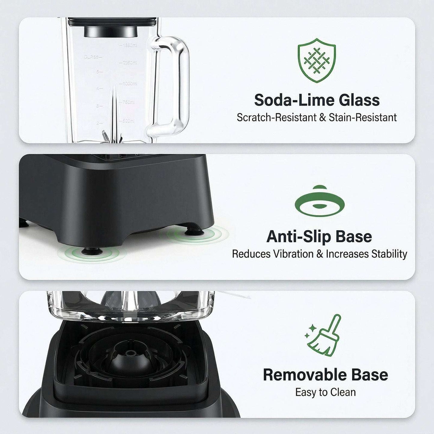 Black blender base with clear jar and removable bottom plate, anti-slip feet