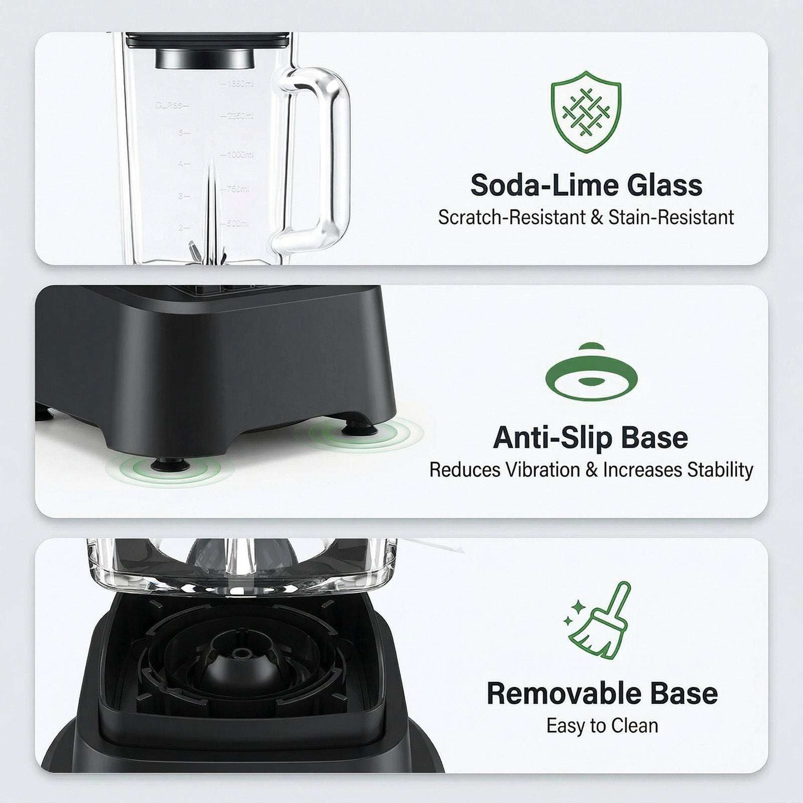 Black blender base with clear jar and removable bottom plate, anti-slip feet
