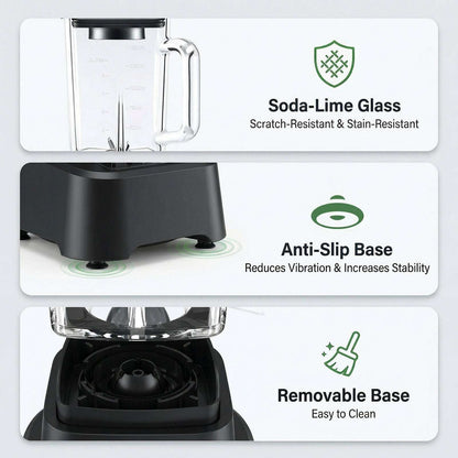Black blender base with clear jar and removable bottom plate, anti-slip feet