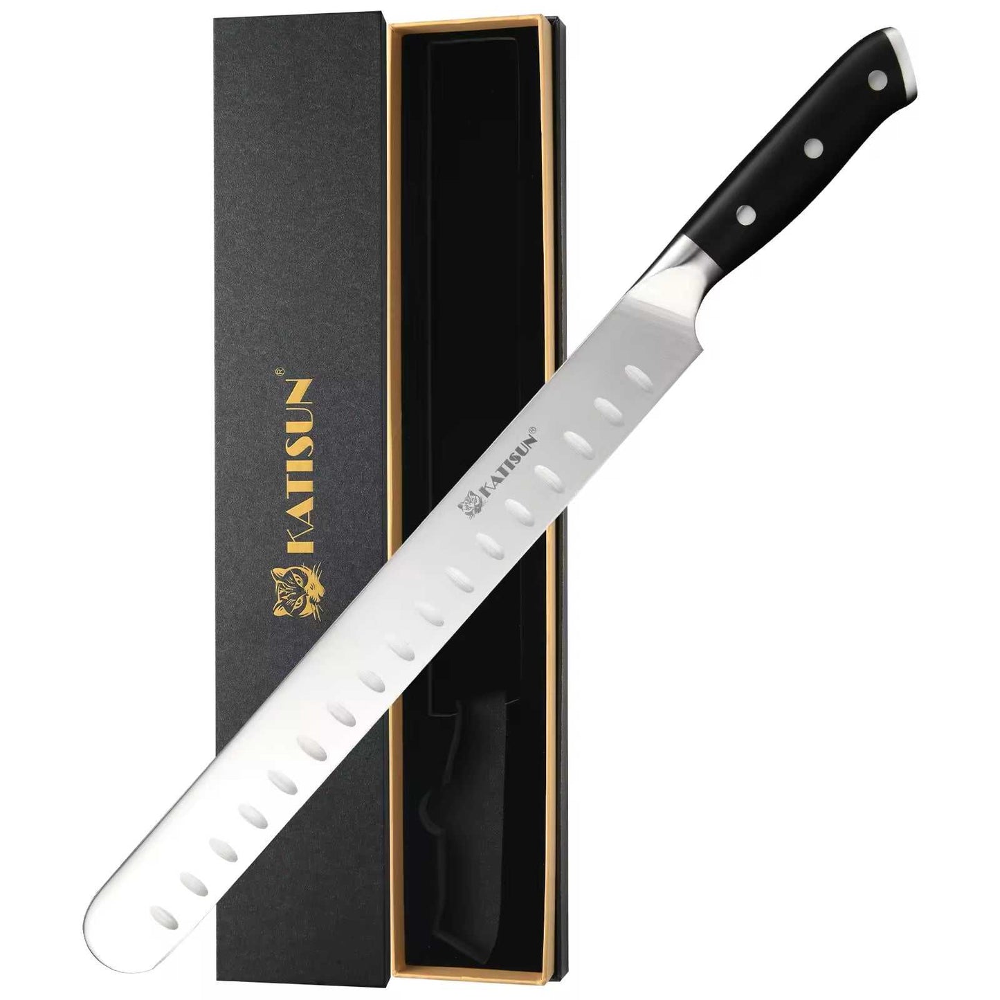 10-inch carbon steel chef knife with dimples on blade and dark handle