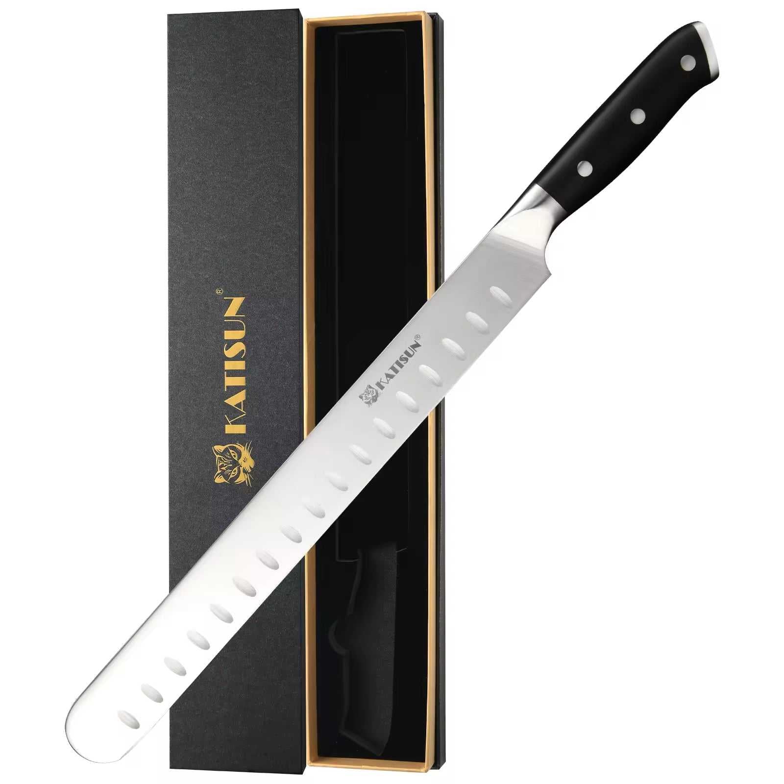 10-inch carbon steel chef knife with dimples on blade and dark handle