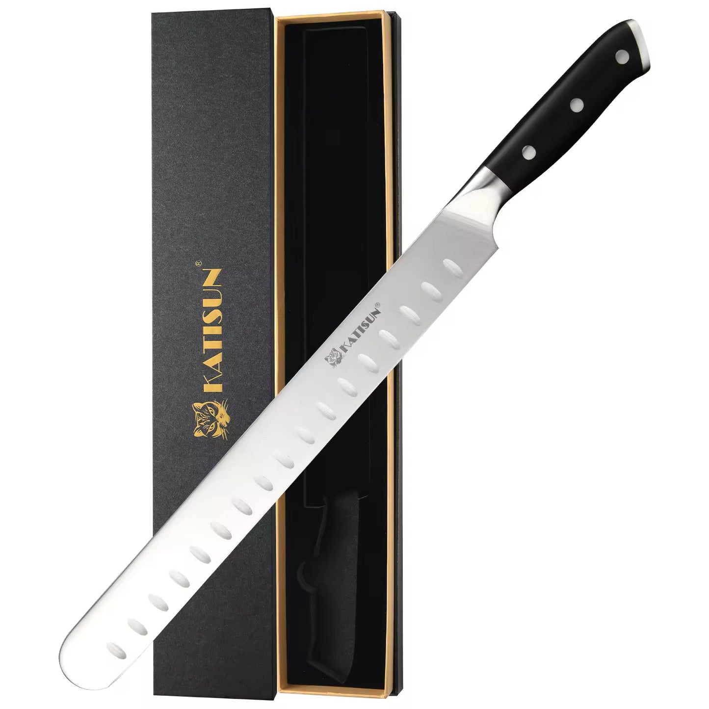 10 in carbon-steel carving knife with black handle and included presentation box