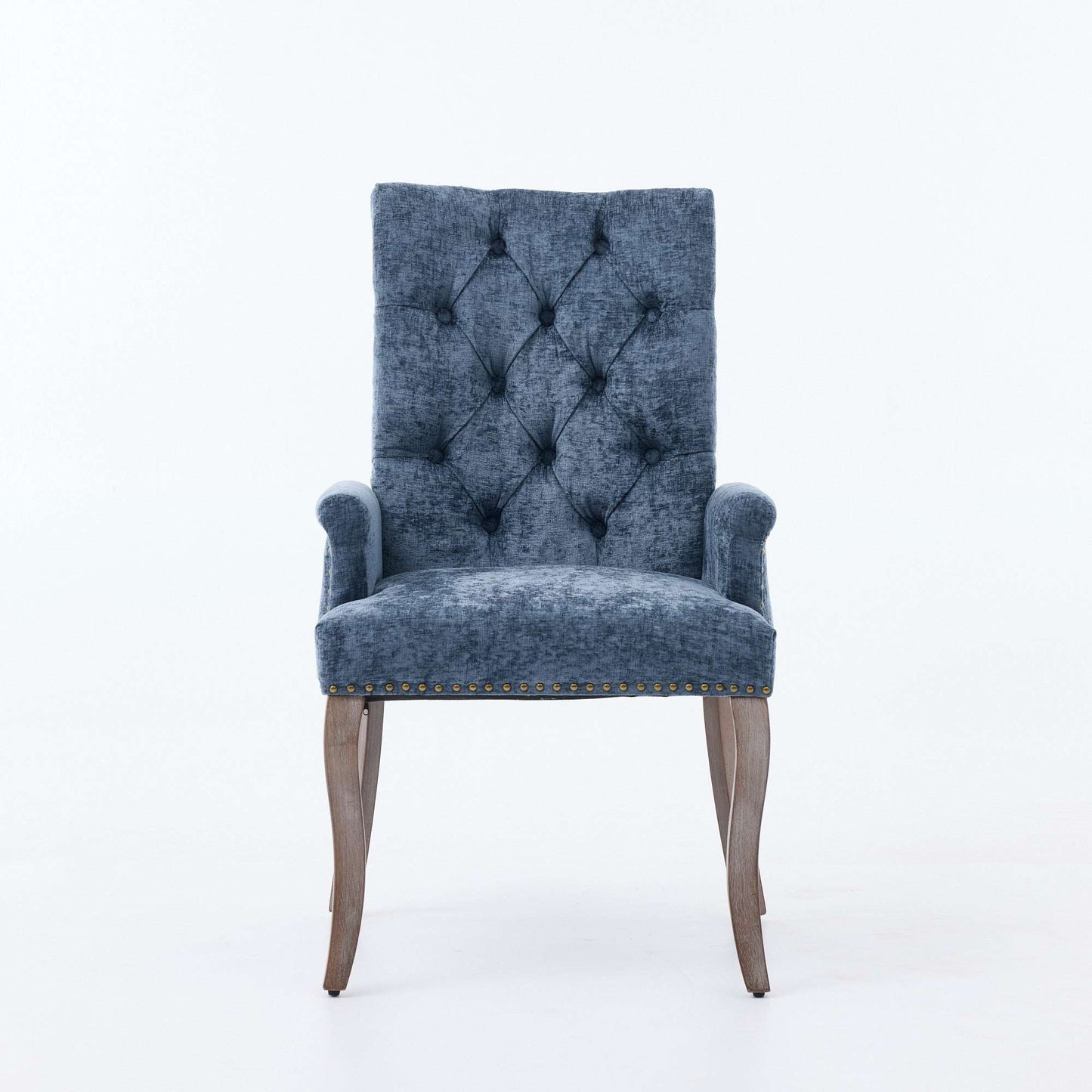 Blue upholstered accent dining chair with tufted back, cushioned seat, and wooden legs