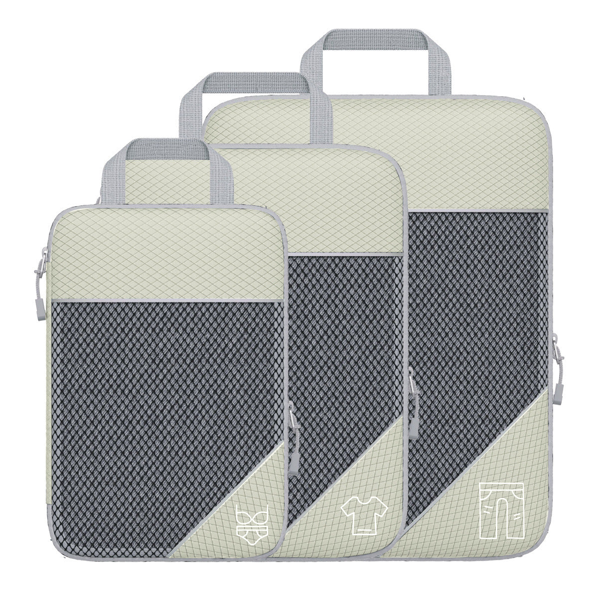 Luggage organizer set with compression bags and shoe bag, light beige and dark gray