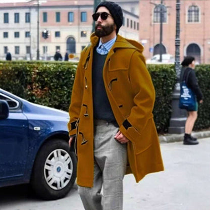 Men’s hooded wool trench coat in ginger yellow, front button placket and flap chest pockets.