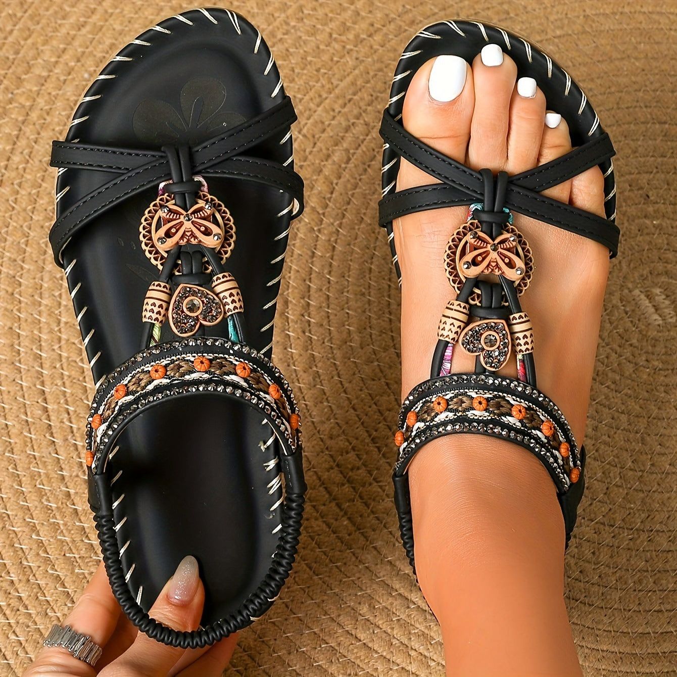 Women’s Large Size Flat Flower Rhinestone Sandals Women's Large Size Flat Bottom Flower Rh | Ectron Online