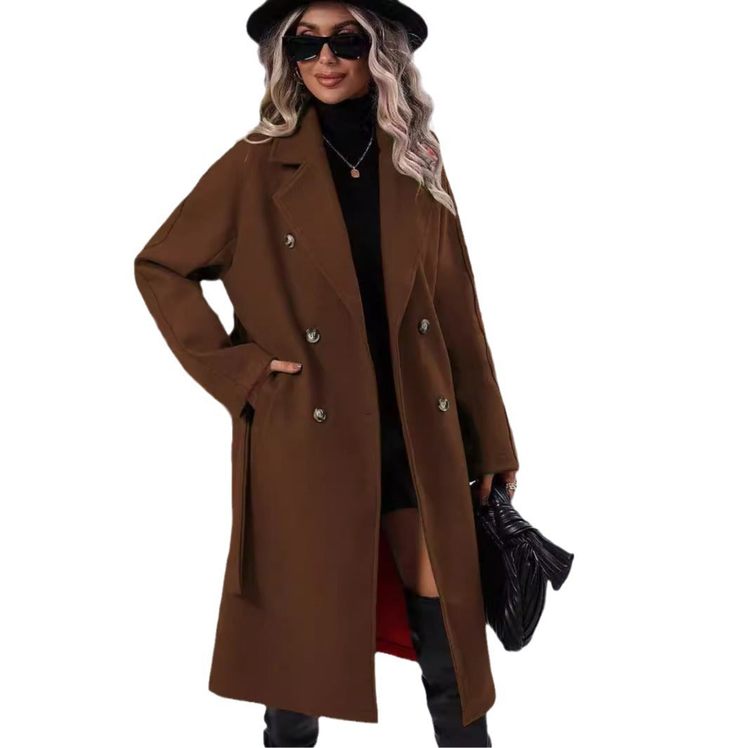 Women's Double-Breasted Woolen Coat | Lace-Up Slim Winter Overcoat