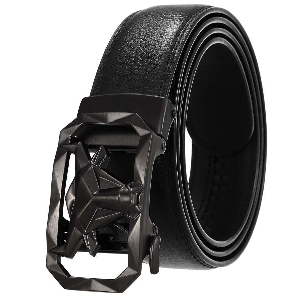 Fashion Men's Leather Belt Alloy Automatic Buckle with sleek black design and intricate buckle detail.