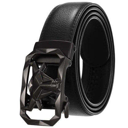 Fashion Men's Leather Belt Alloy Automatic Buckle with sleek black design and intricate buckle detail.