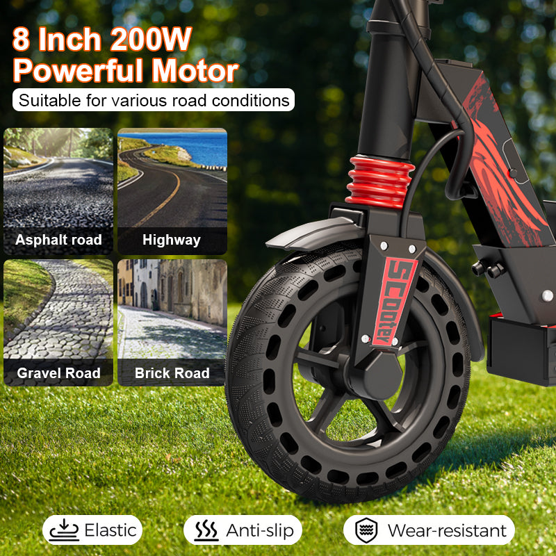 Red and black electric scooter front wheel with large tread tire and fork