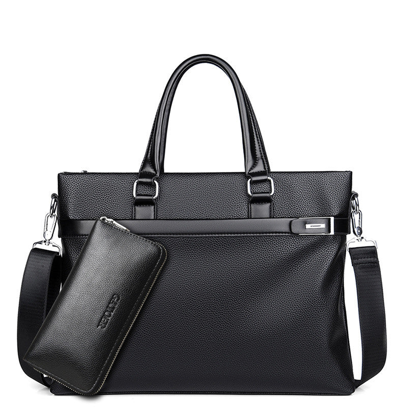 Men's soft leather briefcase, black with front clasp and side pouch