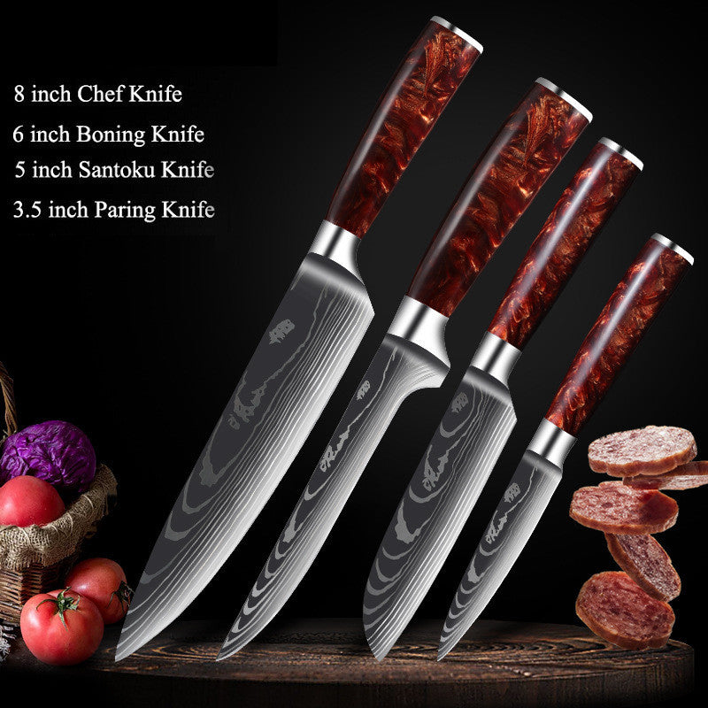 Red Resin Handle Damascus Laser Pattern Set Kitchen Knife