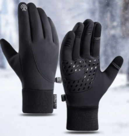 Black touchscreen gloves with winter background