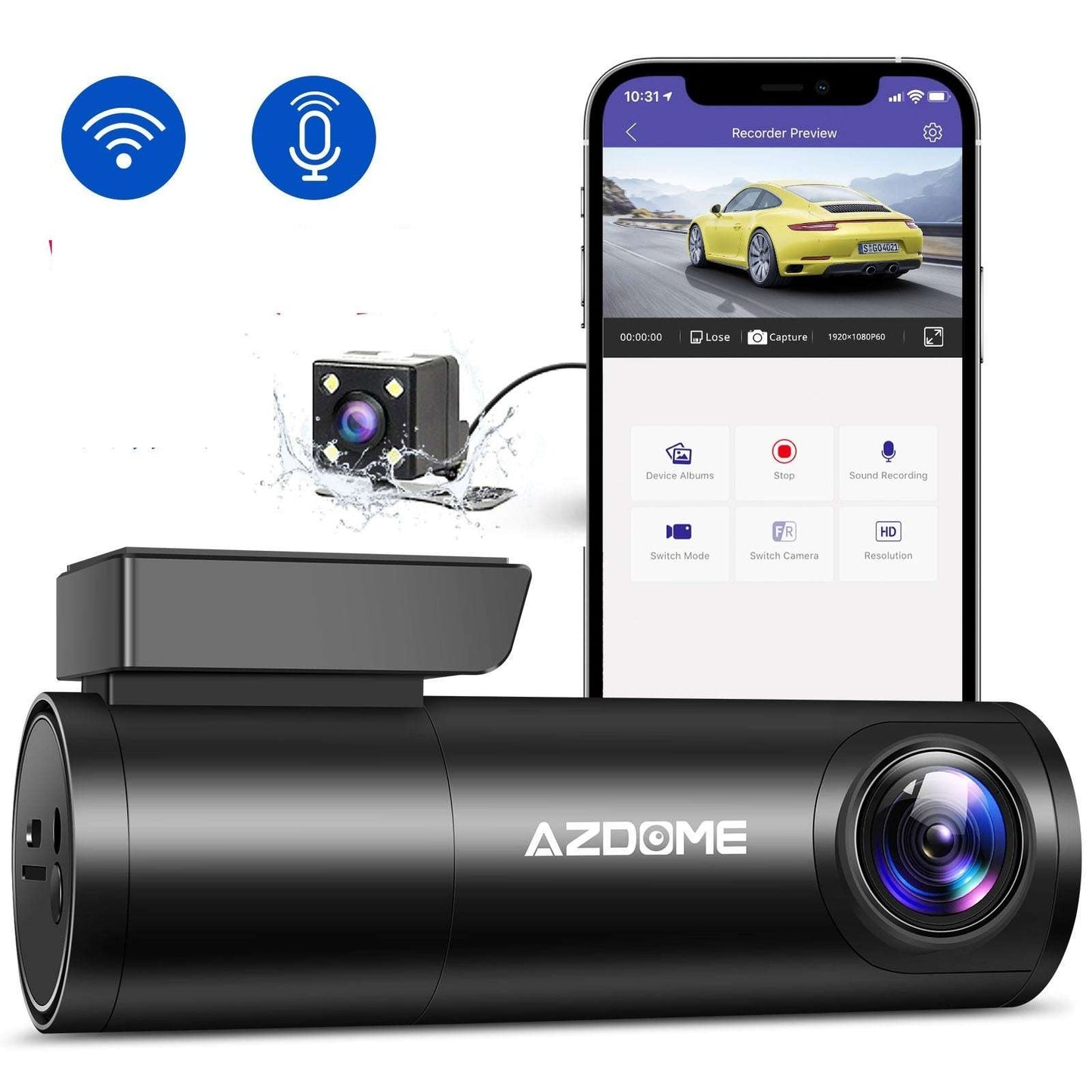 AZDOME car dashboard camera with smartphone displaying camera view on a white background