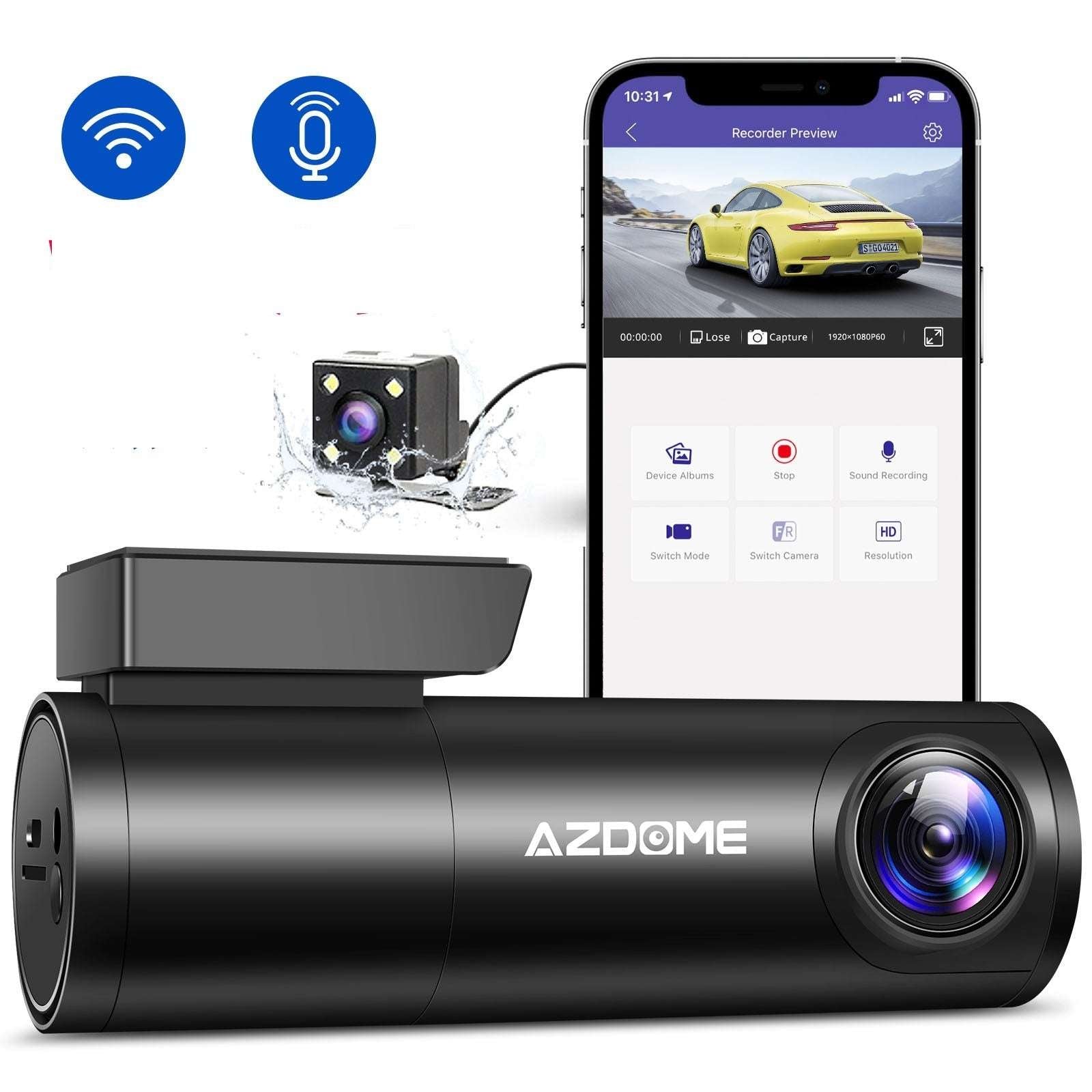 AZDOME car dashboard camera with smartphone displaying camera view on a white background
