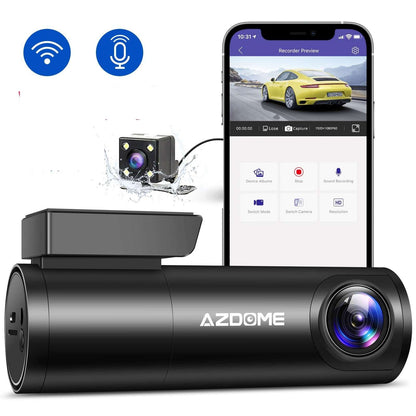 AZDOME car dashboard camera with smartphone displaying camera view on a white background