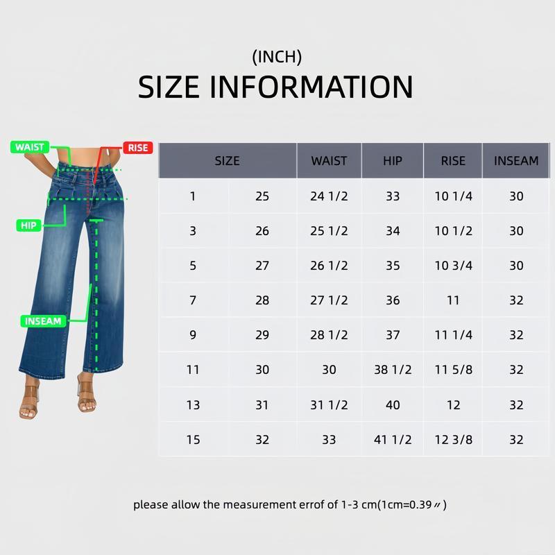 Size information chart for jeans with waist, hip, rise, and inseam measurements (inches)
