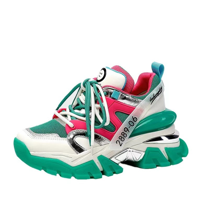 Women's student sneakers, white with green teal panels and pink collar trim