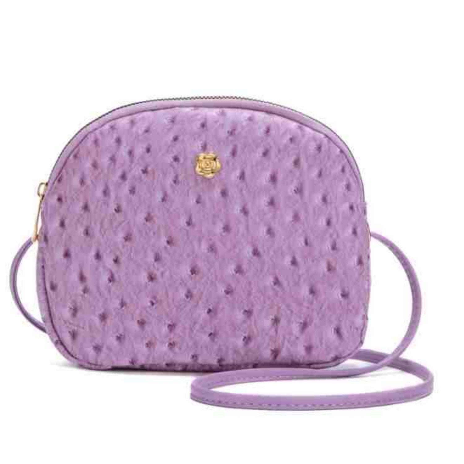 Light purple mini shoulder bag with zipper closure and adjustable crossbody strap.