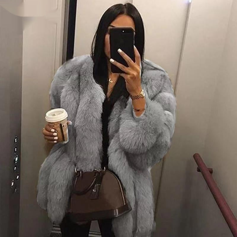 Women's Fox Fur Mid-Length Coat | Luxurious Winter Fur Jacket