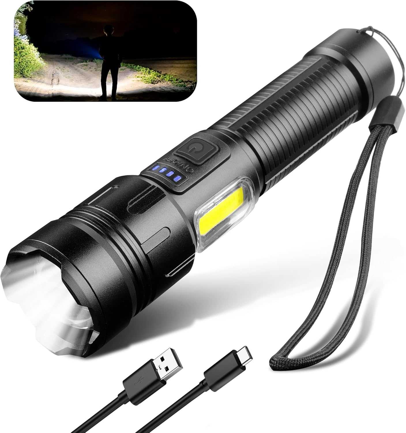 Black LED flashlight with wrist strap and USB charging cables
