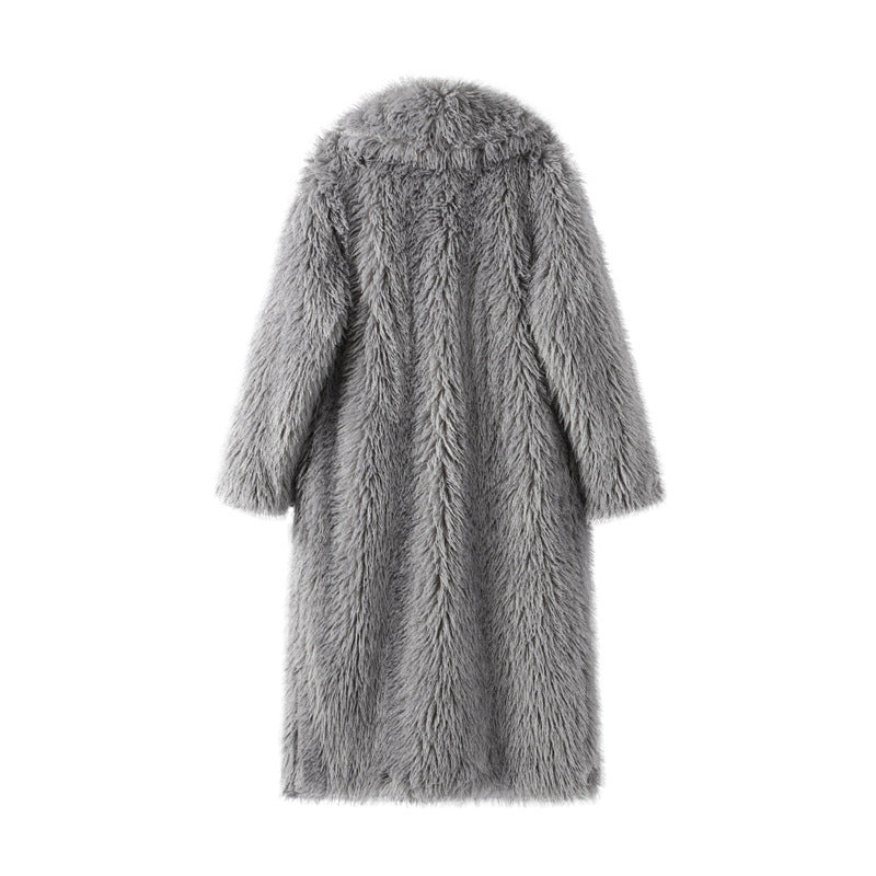 Women’s mid-length faux fur coat, gray, long sleeves, rounded hooded collar.