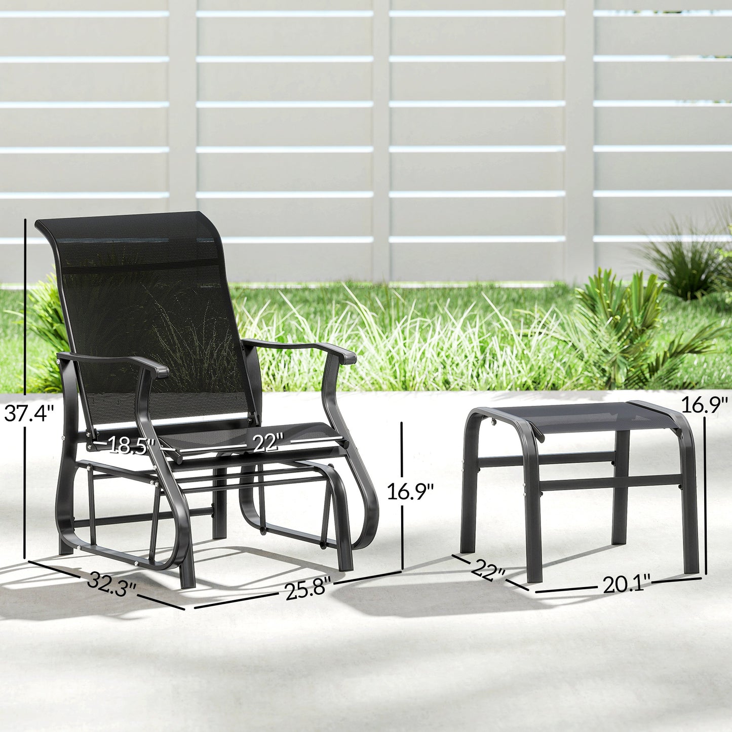 Outdoor Glider Chair with Ottoman | High Back & Wide Seat - Black