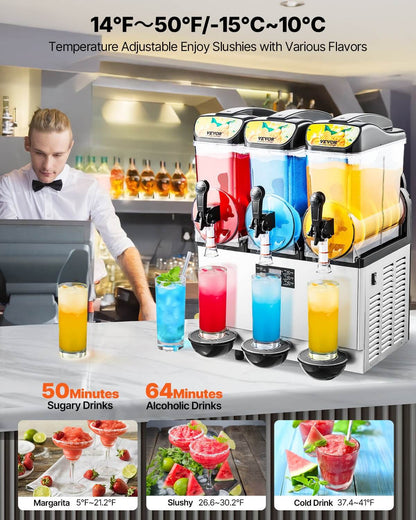 Commercial slushy machine with three illuminated tanks and four dispensing bowls