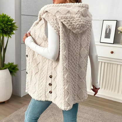 Women's Textured Hooded Vest | Button-Front Fall Layering Piece Women's Textured Sleeveless Hooded Vest, | Ectron Online
