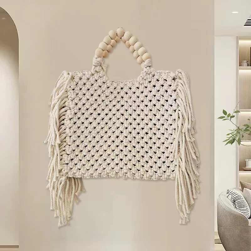 Woven mini crossbody bag with beaded handle, fringe tassels, white crochet