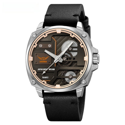 Exposed-gear quartz watch with black leather strap and silver-tone bezel