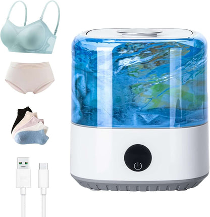Mini cordless portable washer with blue-tinted clear drum and round power button
