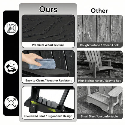 Black folding Adirondack lounge chair with slatted back and seat, shown on a comparison graphic.