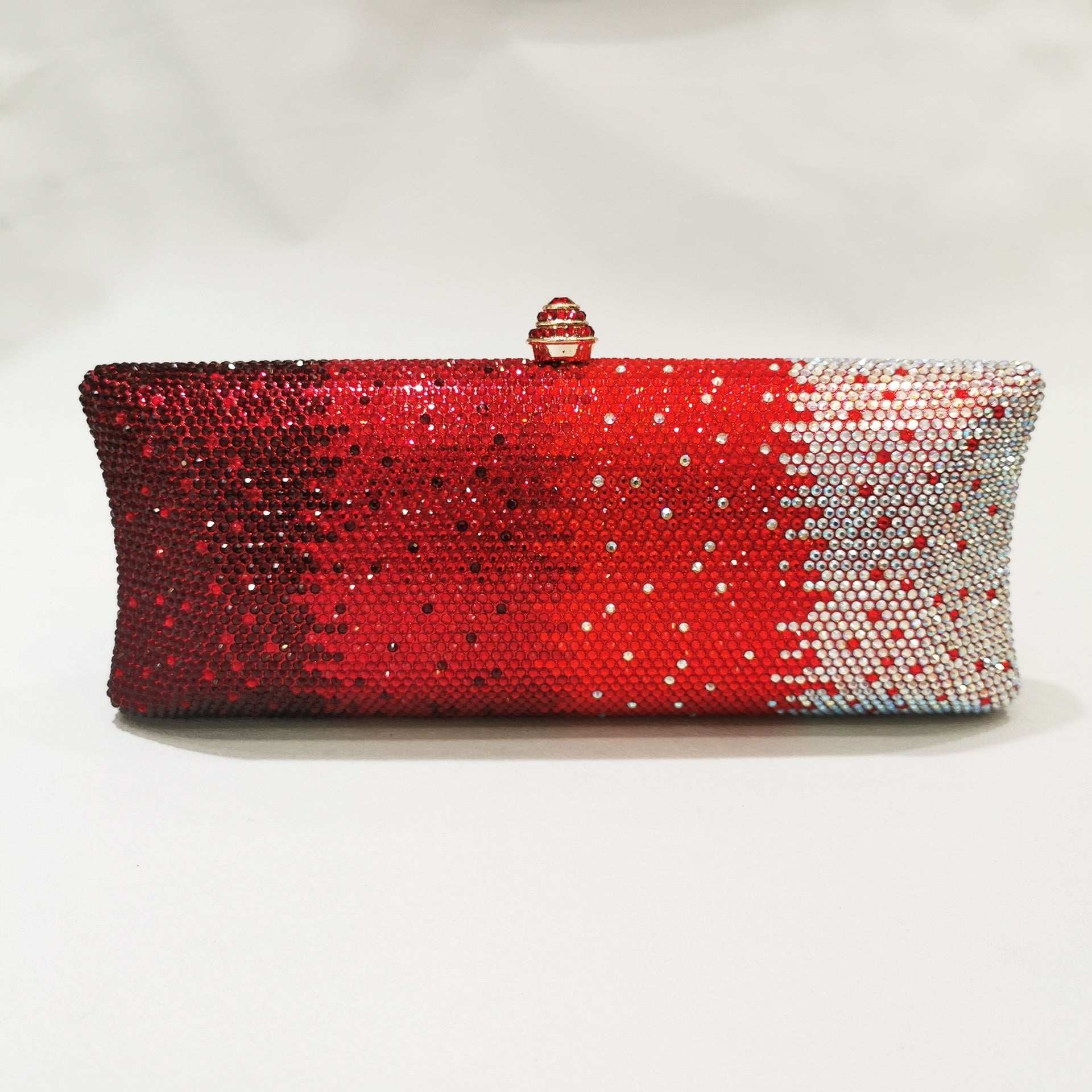 Rhinestone gradient dinner clutch with top clasp, red to white with sparkles
