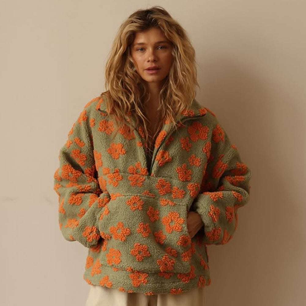 Women's Floral Fleece Zip-up Pullover Winter Flowers Lambskin Sweatshirt With | Ectron Online