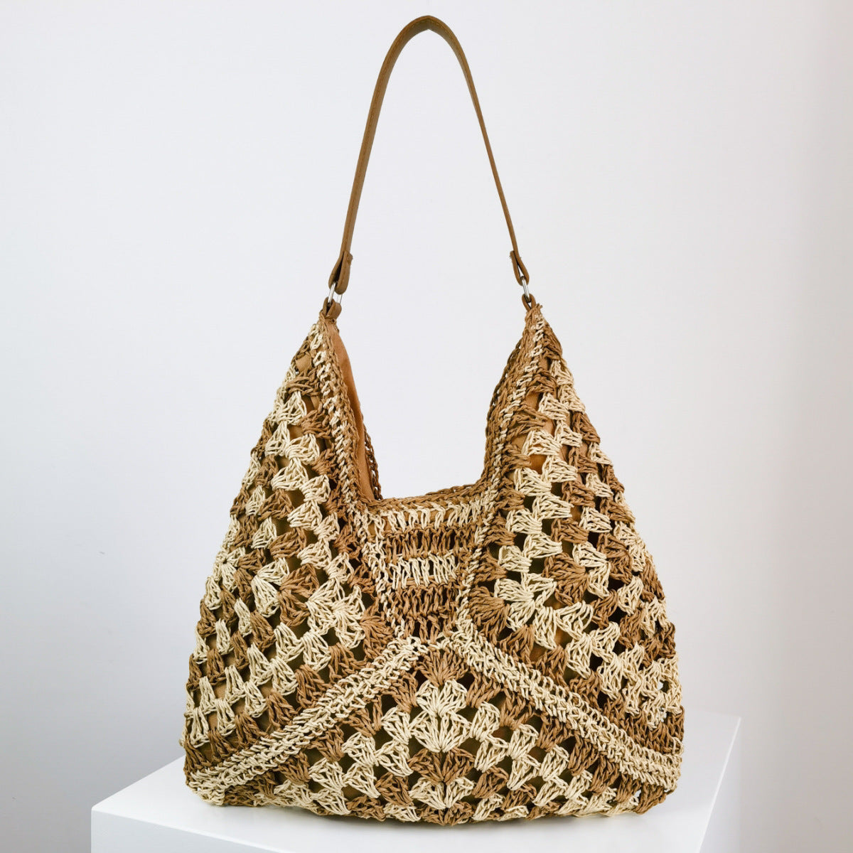 Handmade Straw Woven Hollow Contrast Color Weave Shoulder Bag Women's Fashion Handmade Straw Woven Hol | Ectron Online