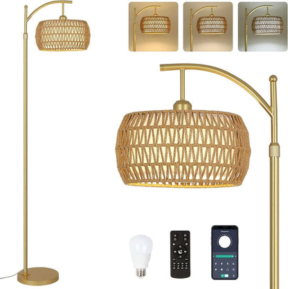 Gold floor lamp with woven shade, includes smart bulb and two remotes