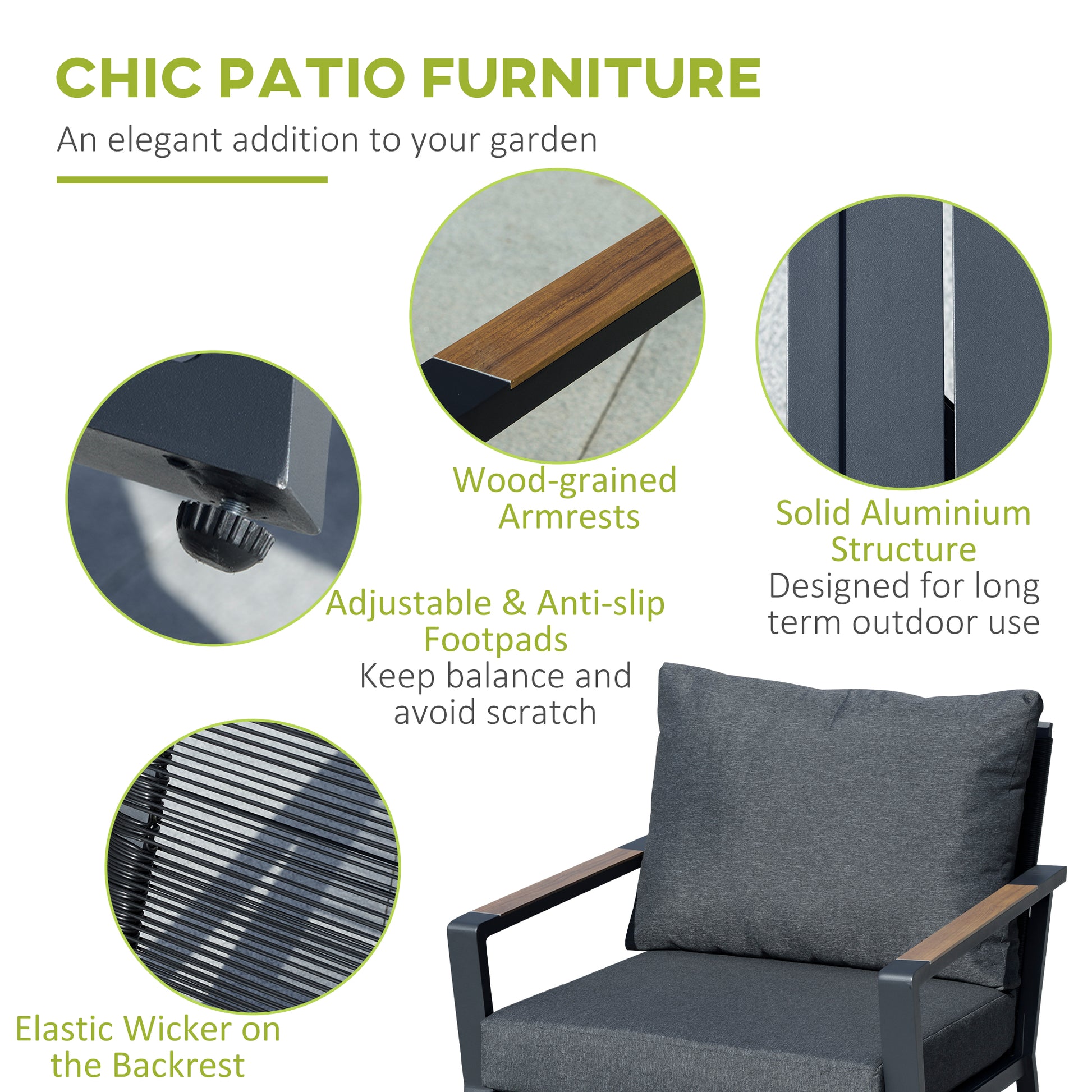 Dark grey outdoor patio chair with upholstered seat and back cushions and square arms