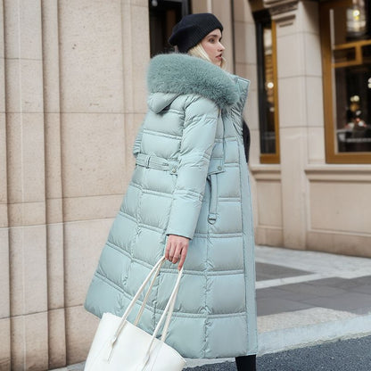 Women's Slim Long Winter Jacket | Fur Hooded Coat with Waist Belt Winter Slim Long Jacket With Fur Hood An | Ectron Online