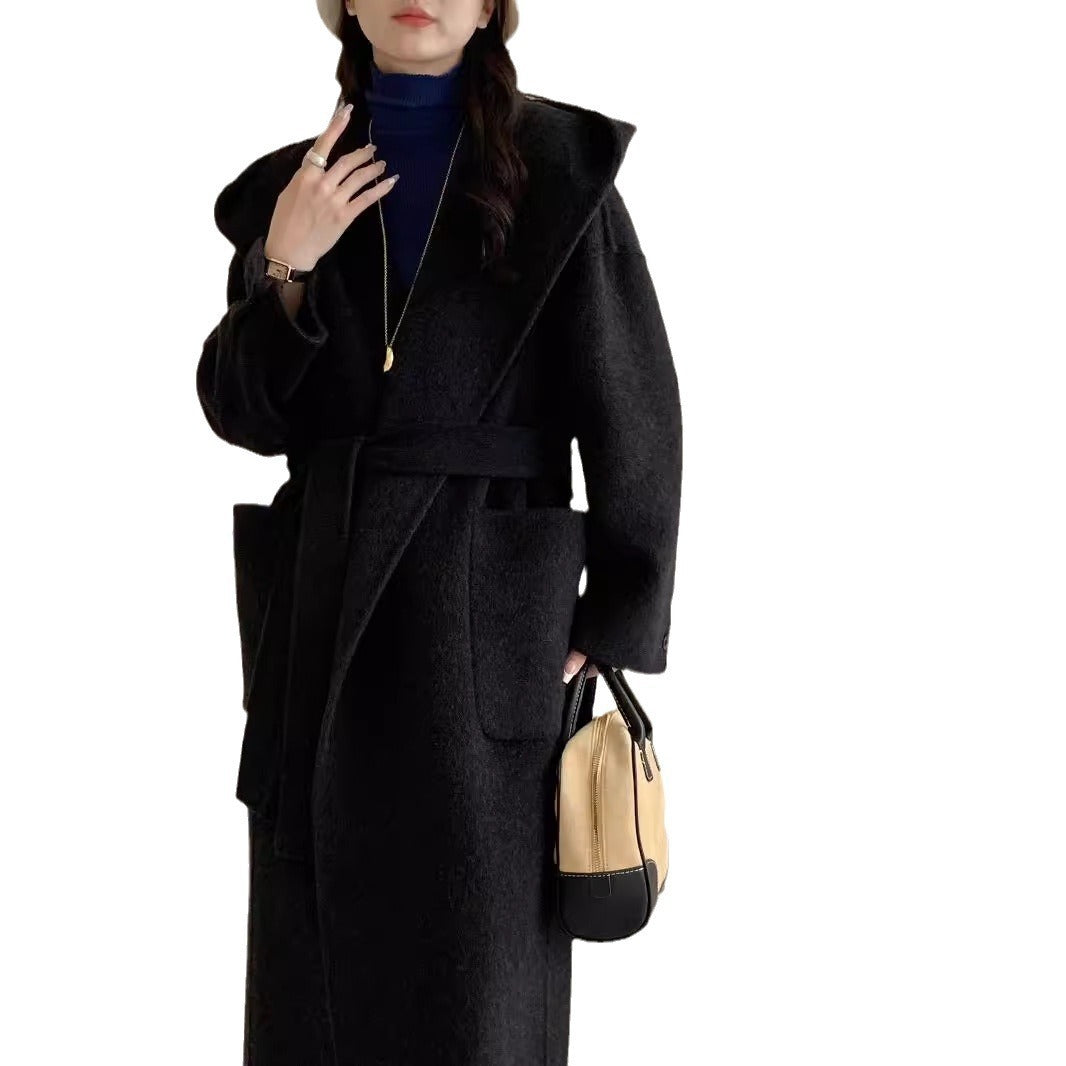 Women's Hooded Solid Color Double-Sided Wool Overcoat