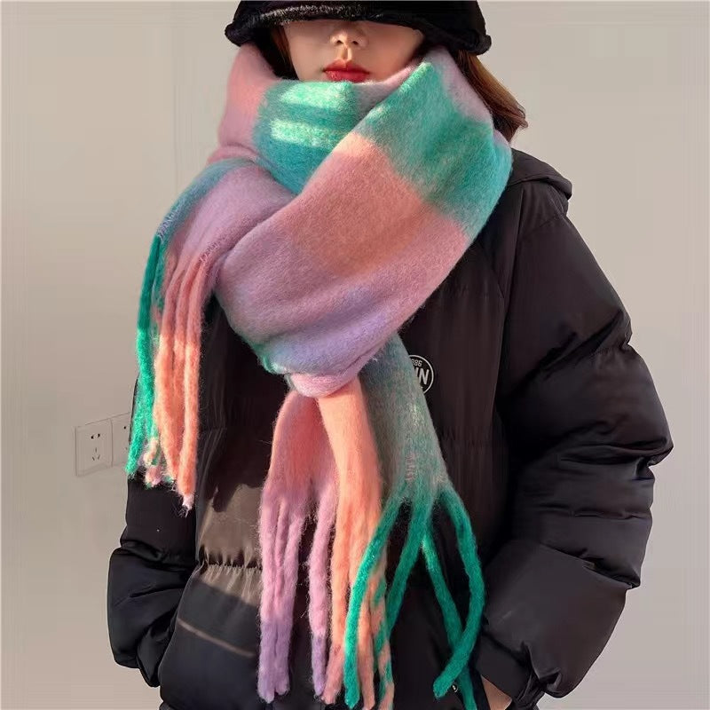 Women's Rainbow Plaid Tassel Scarf | Colorful Color-Block Winter Shawl
