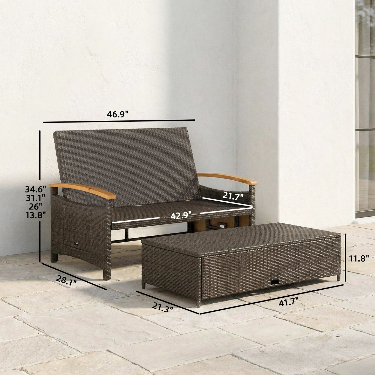 Rattan Outdoor Daybed with 4-Level Adjustable Backrest - Gray