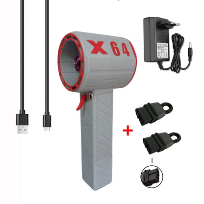 Gray and red device with 'X 64' branding, power adapter, and cables on a white background