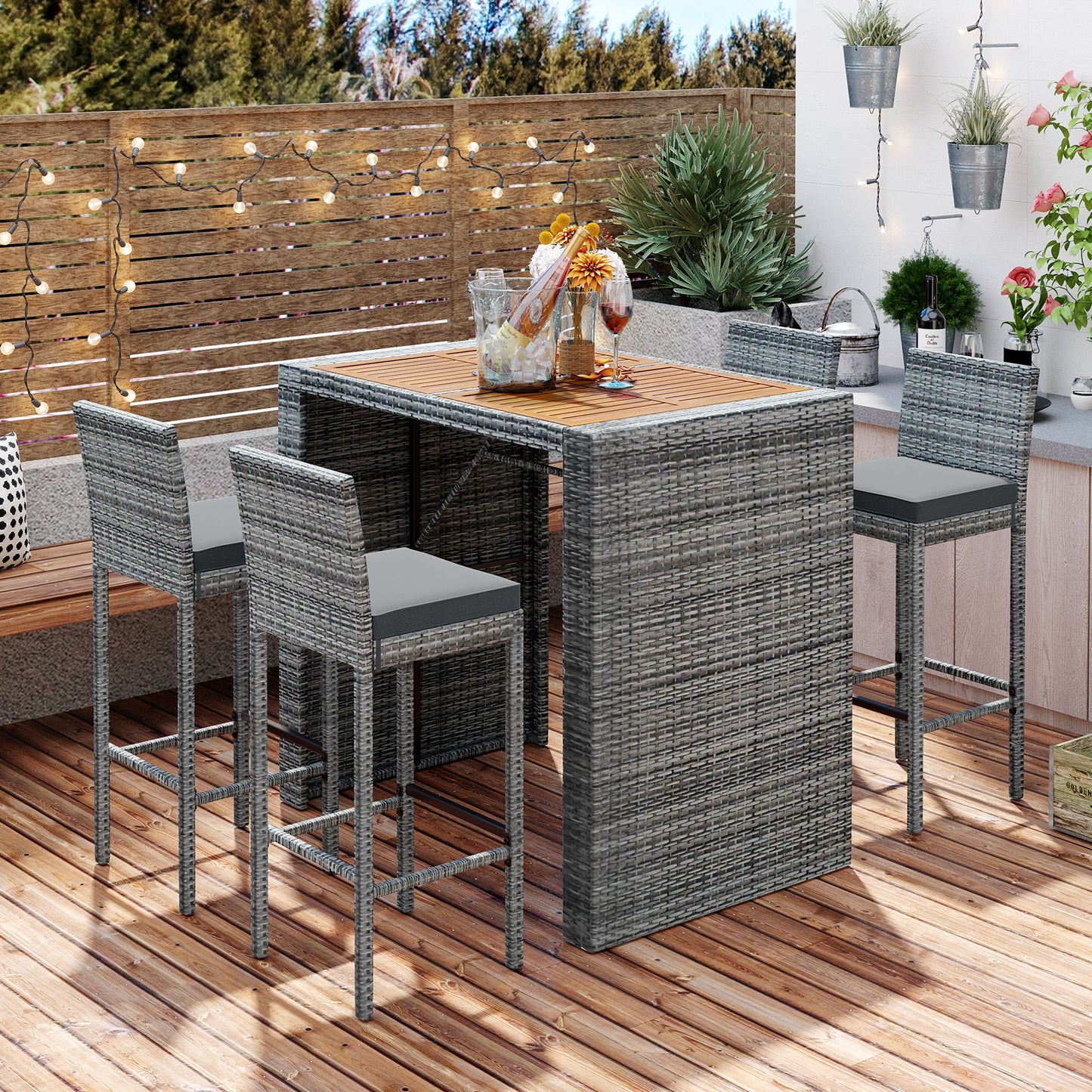 5-Piece Outdoor Patio Wicker Bar Set - Acacia Wood Top & Gray Wicker