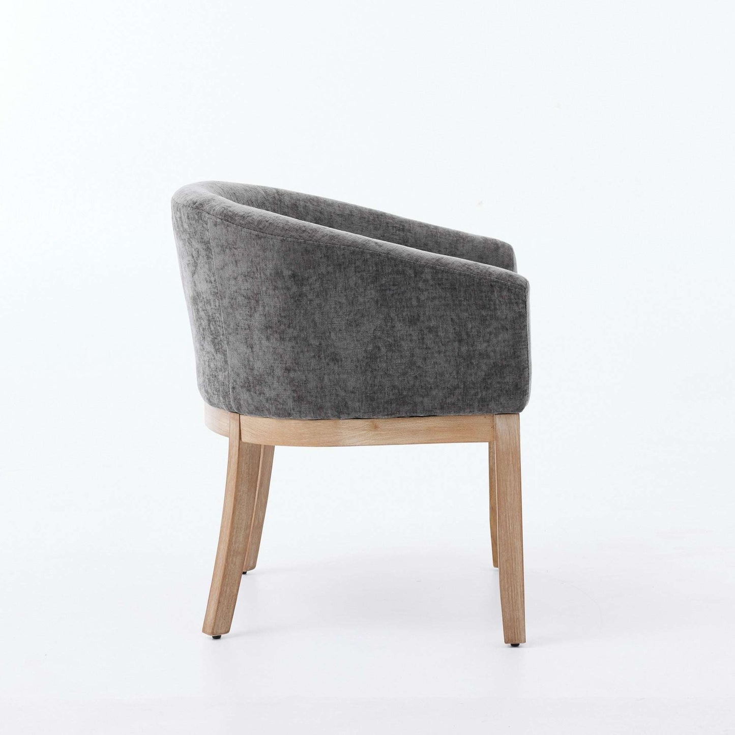 Gray chenille dining chair back view with hardwood legs