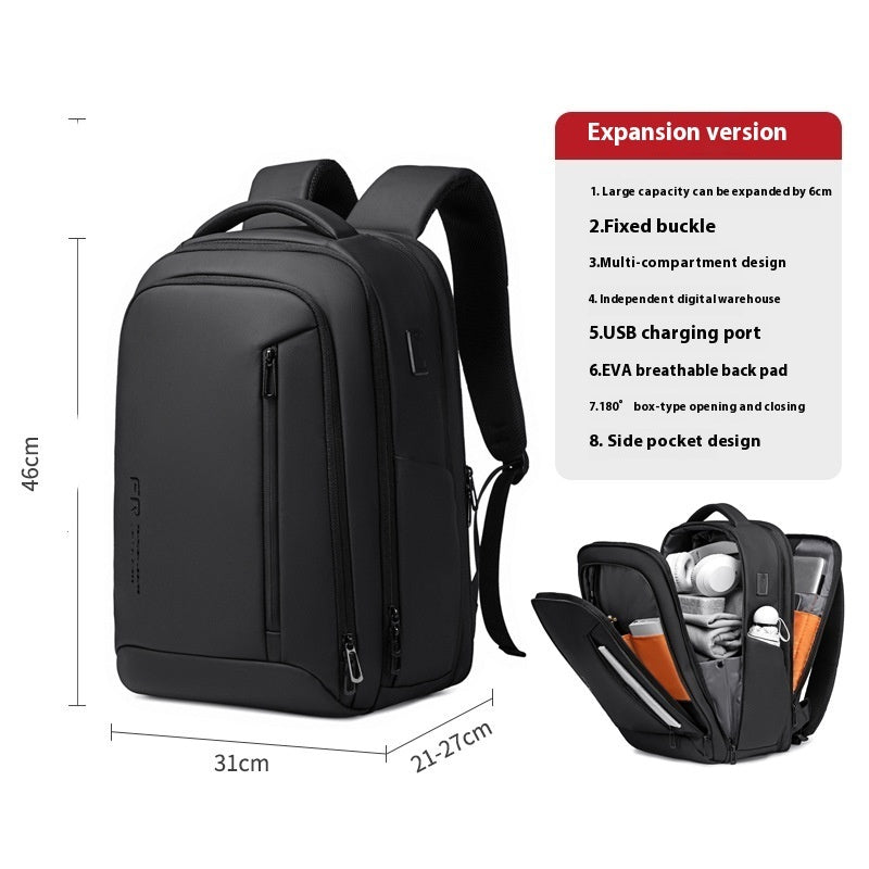Black expandable laptop backpack with side pockets and front zip compartment design