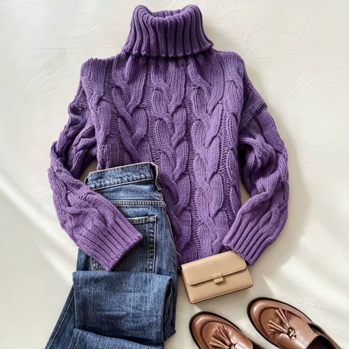 Purple cable-knit turtleneck long-sleeve sweater with raised diamond-style pattern.